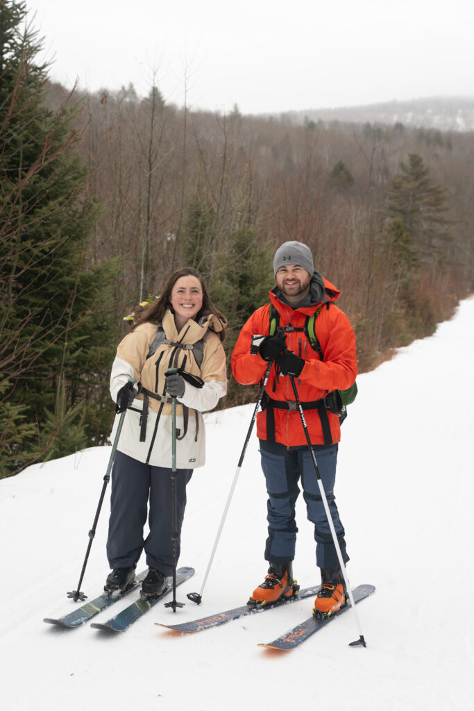 Winter Ski Elopement cross country ski adventure to Stratton Brook Hut with Maine Huts and trails 