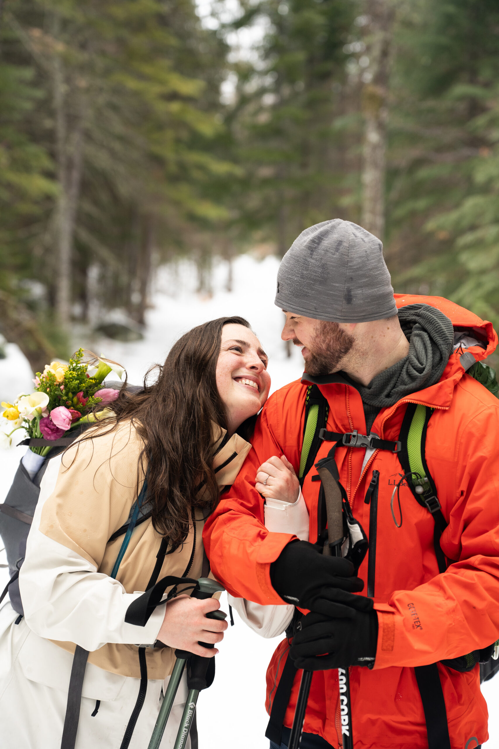 Winter Elopement Ski couple cross country hut to hut skiing in maine