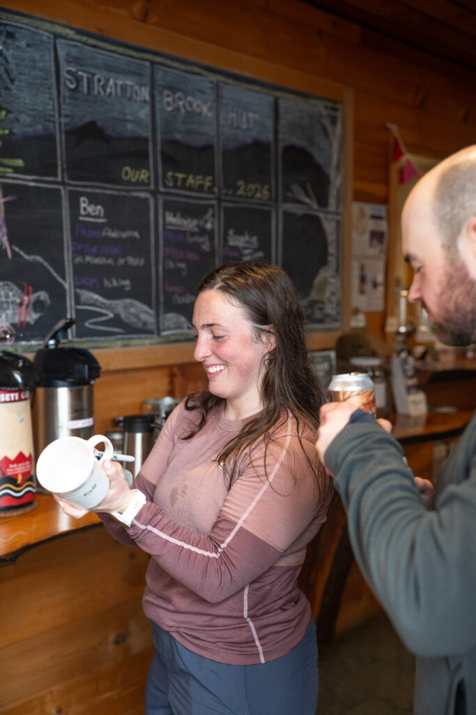 Stratton Brook Hut interior hot coffee and tea post hike