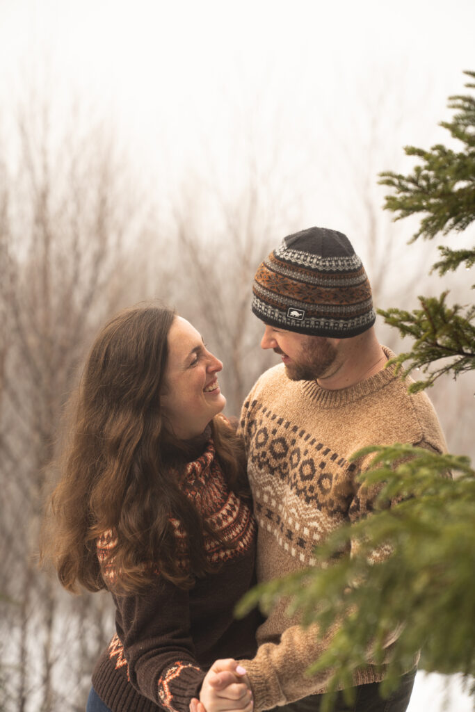 Winter Elopement in the trees Northern Maine foggy landscape
