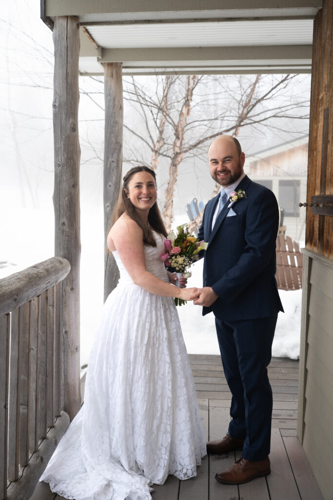 Couple ceremony photography winter elopement Maine huts and trails 