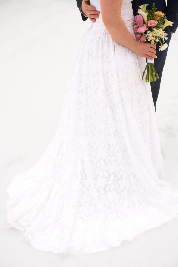 Winter Elopement Wedding dress in Maine with Maine Huts and Trails  