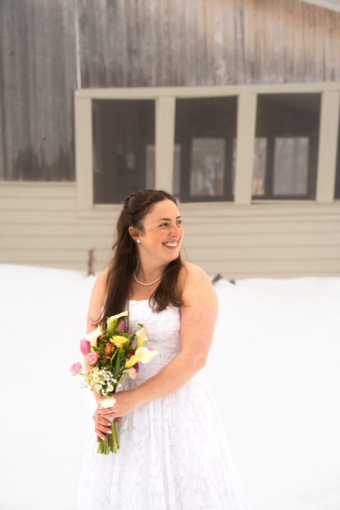 Beautiful bride for winter Elopement with Maine Huts and Trails 