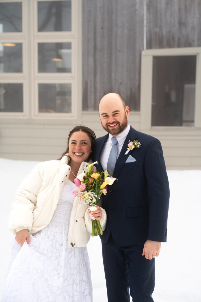 Winter Elopement couple all white Maine Huts and trails 
