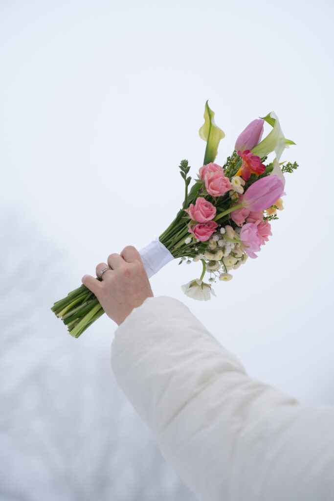 Bridal Bouquet for Winter Elopement in maine with Maine Huts and Trails 