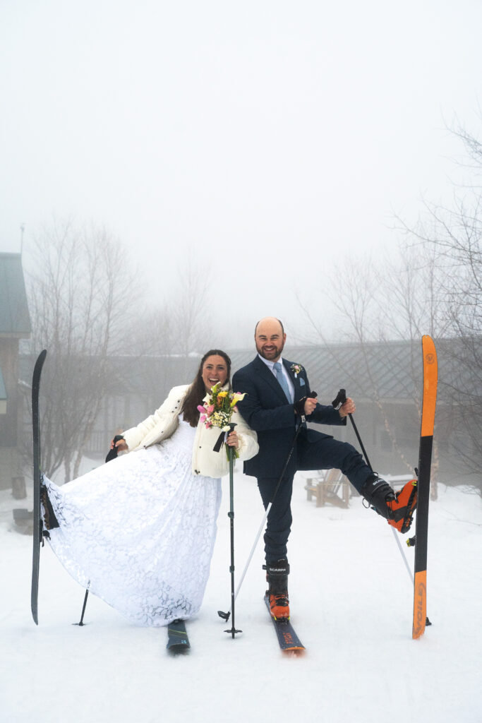 Fun ski photos for winter Elopement in Maine with Maine Huts and trails 