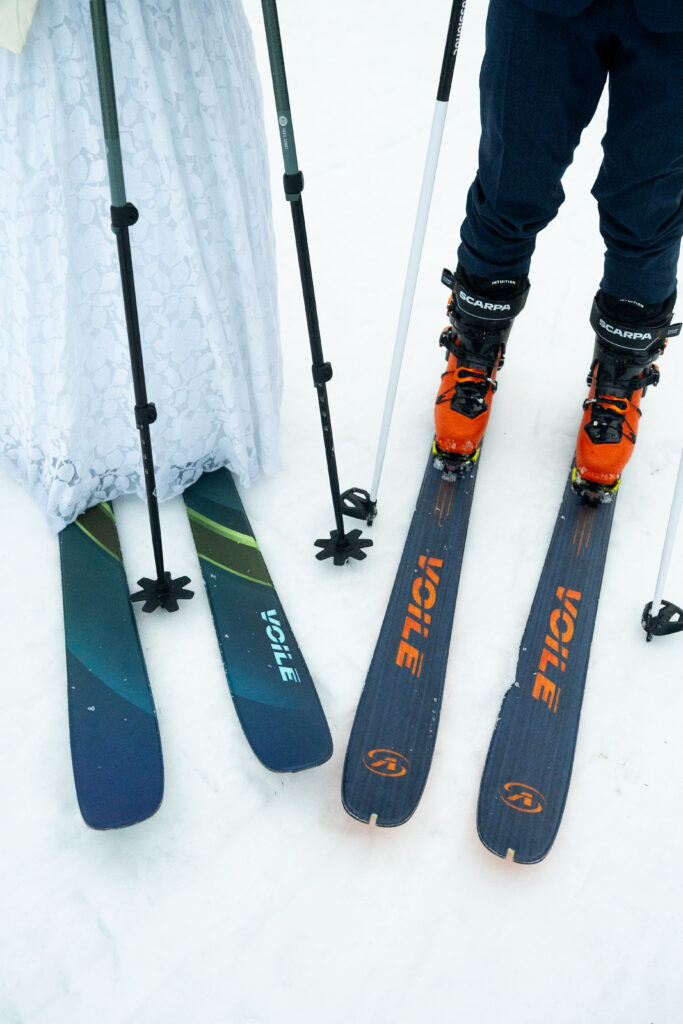 Detail shots of skis for Maine Cross Country Ski Elopement 