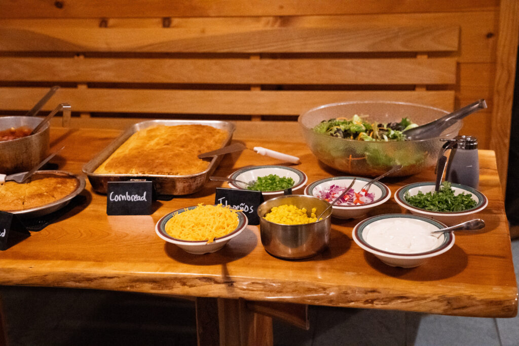 Hot dinner at Stratton Hut with Maine Huts and Trails for Winter Elopement 