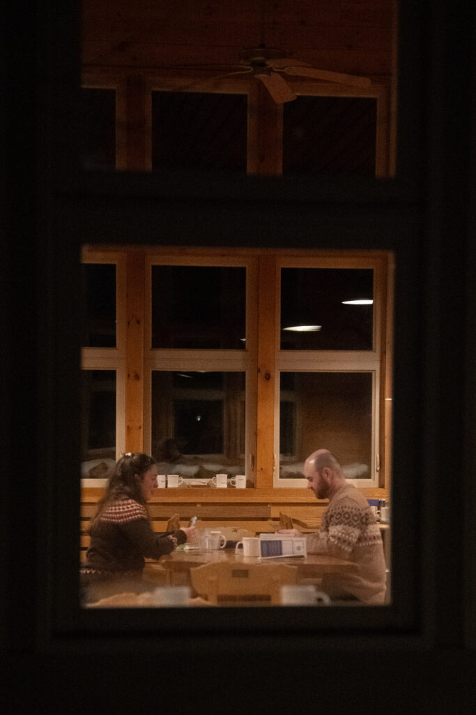 Cabin photos at night Stratton Brook Hut Winter Elopement 