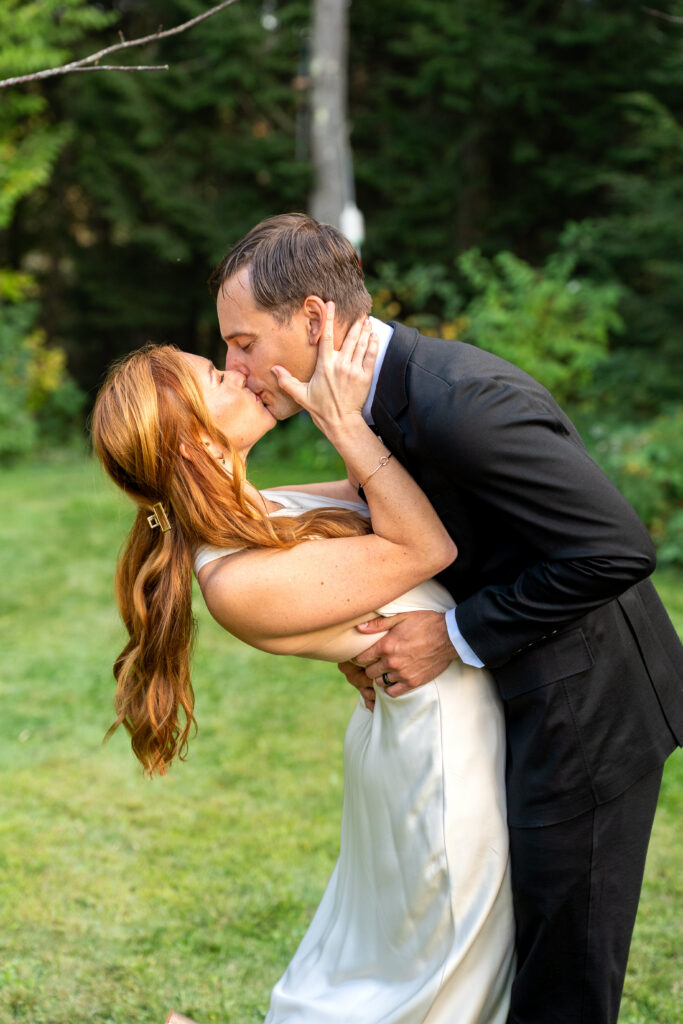couple first kiss for intimate wedding in Maine during elopement 
how to elope in 4-8 weeks in Maine 